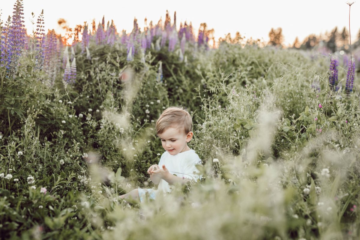 Bébé au printemps, dans un champ de fleurs